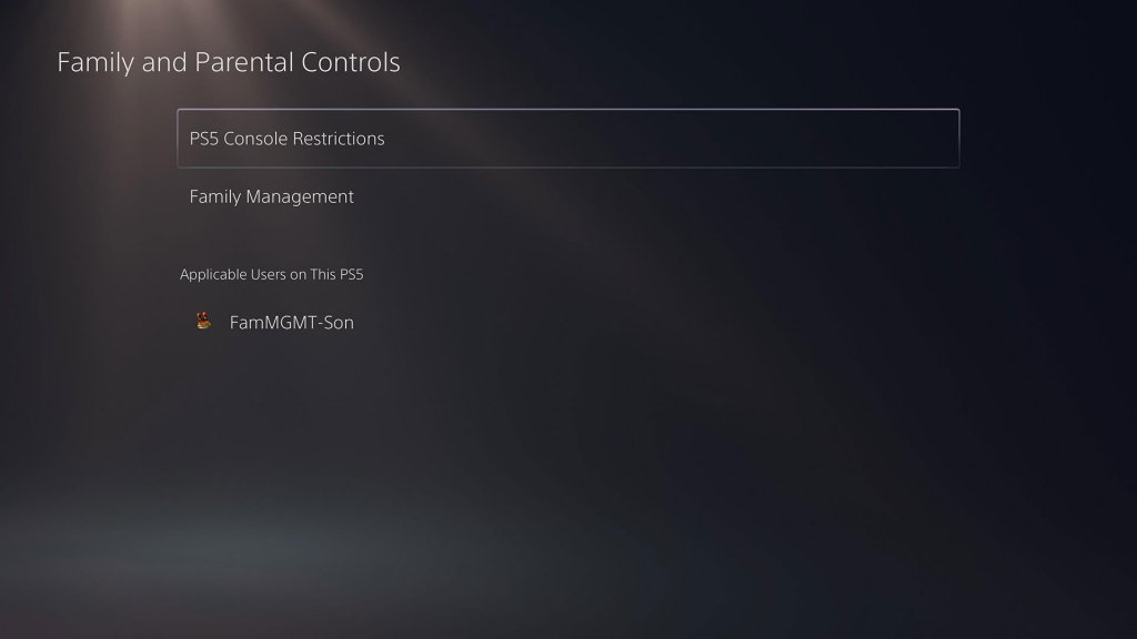 The Parental Controls settings on the PS5