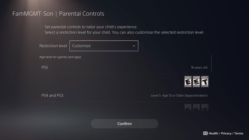 The Restriction levels controls and options to Manage by Rating Category on the PS5